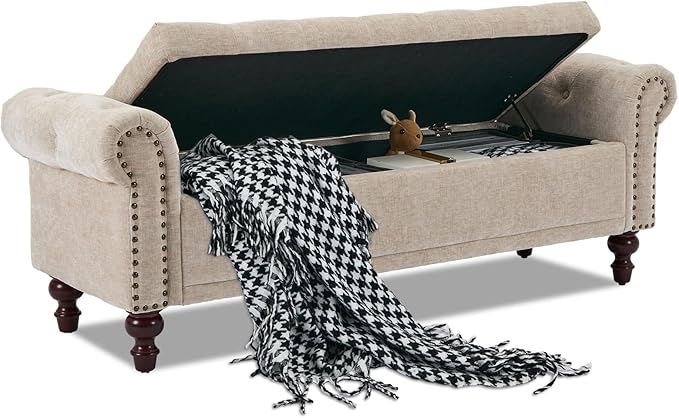 58.1'' Storage Bench Upholstered Chenille End of Bedroom Bed Bench Ottoman with Tufted Cushioned Rolled Arm Large Storage Space for Reading Living Room Entryway, Light Brown-PurrikoPets