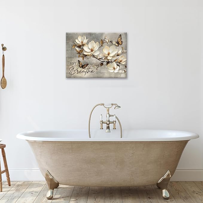 Floral Magnolia Bathroom Pictures Wall Art, Just Breathe Bathroom Wall Decor, Flower Butterfly Framed Painting Canvas Artwork for Bedroom Living Room Decorations 16"L x 12"W-PurrikoPets