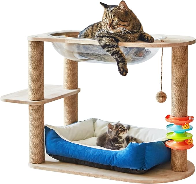 2 Tier Cat Tower,21.85 in cat Perch Wood cat condo with Hammock and Sisal Rope Scratcher Post Hanging Toy Balls for Indoor Large Cats Kittens (Blue)-PurrikoPets