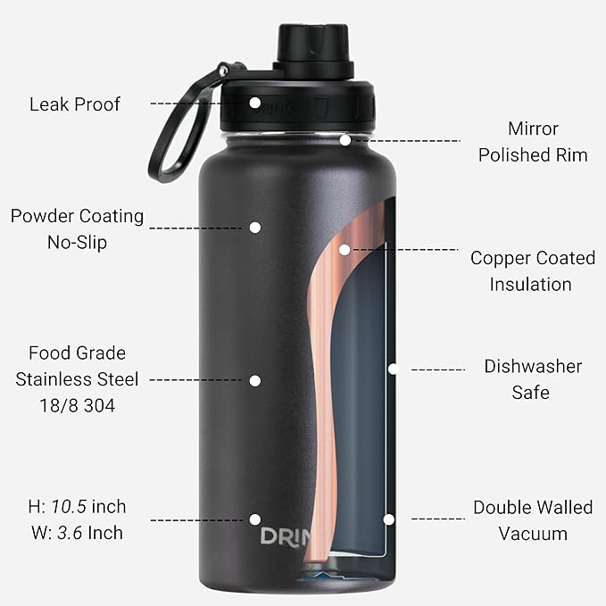 DRINCO Stainless Steel Water Bottle Spout Lid Vacuum Insulated Double Wall Water Bottle Wide Mouth (40oz 32oz 22oz 18oz 14oz) Leak Proof Keep Cold Sport Camping Hiking (32 oz, 32oz Black)-PurrikoPets
