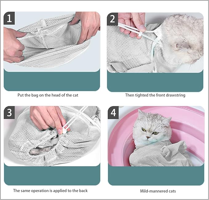 7-Piece Cat Bathing Set - Anti-Scratch Silicone Shoes, Claw Covers, Shower Net, Bathing Bag & Elizabethan Collar (Grey-3)-PurrikoPets
