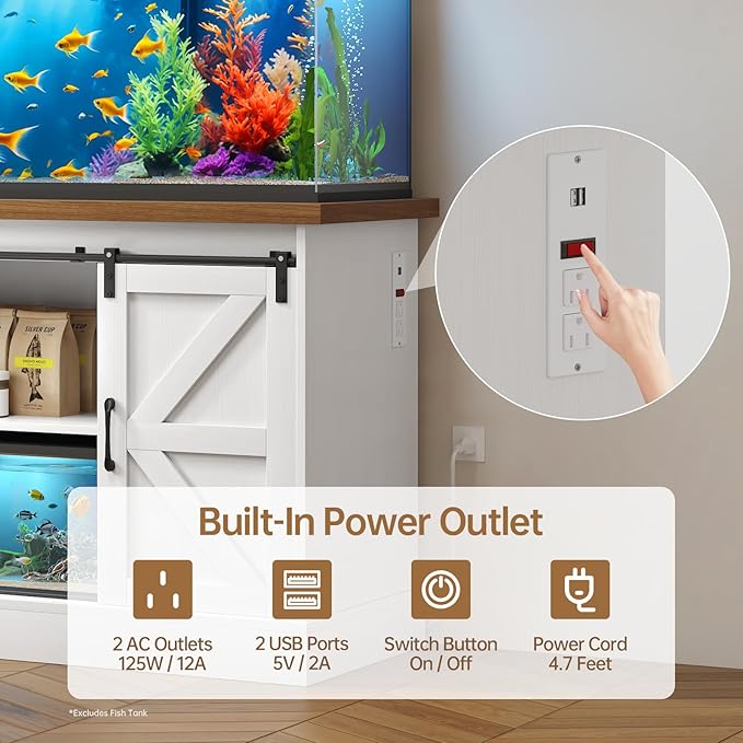 55-75 Gallon Fish Tank Stand with Sliding Barn Doors & Power Outlet, Heavy Duty Aquarium Stand with Cabinet Storage for Fish Tank, Turtle Tank, Reptile Terrarium, 1000LBS Capacity, White-PurrikoPets