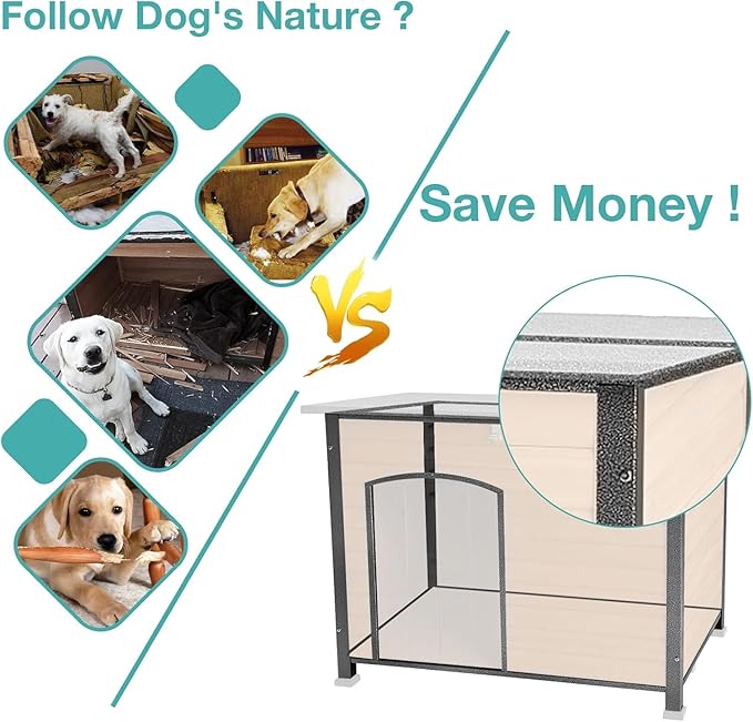 Feral Dog House Outdoor,Anti Bite Iron Frame Dog Kennel,Wood Warm Pets Home,Insulated Weatherproof Outside Shelter for Feral Animal (33.5"(L)×22"(W)×25.2"(H)-Brown-in)-PurrikoPets