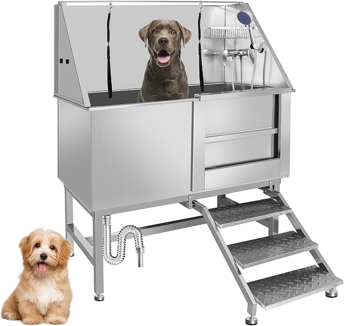 50" Pet Dog Bathing Station W/Stairs, Professional Stainless Steel Dog Grooming Tub W/Soap Box, Faucet,Rich Accessory, Dog Bathtub for Large,Medium,Small Pets, Washing Sink for Home (50" Right ramp)-PurrikoPets