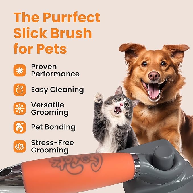 GoPets Self-Cleaning Slicker Brush for Dogs & Cats, Deshdding & Dematting Comb with Retractable Bristles for Easy Cleaning, Undercoat Grooming Tool, Non-Slip Handle, Detangler for Mats & Loose Pet Fur-PurrikoPets
