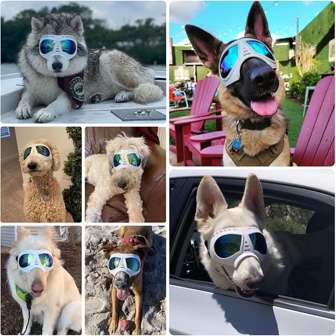 Dog Goggles for Medium-Large Breeds Windproof Anti-UV Pet Sunglasses with Adjustable Straps for Large Dog - White-PurrikoPets