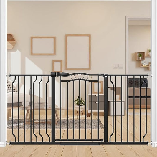 53.1-62.2" Extra Wide Baby Gate for Stairs No Drilling, 30" Tall Auto Close Press Mounted Baby Gate for Doorways, Adjustable Width Walk Through Dog Gates for Doorways, Black-PurrikoPets