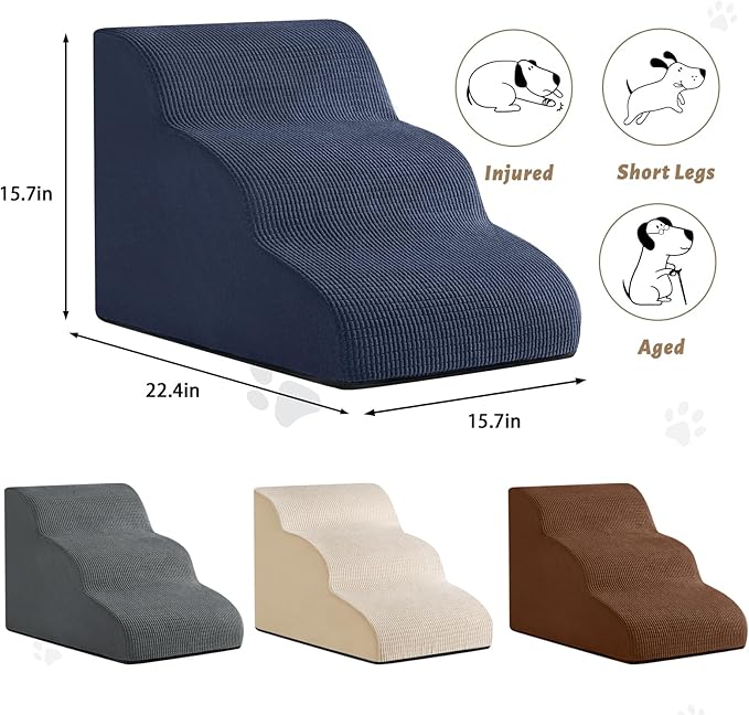 Dog Stairs and Steps for Beds Or Couches, 3-Step Pet Stairs & Steps for Small Dogs and Cats, Soft and Non-Slip Dog Ramp for Older Dogs,Pet with Joint Pain,Easy to Walk-PurrikoPets