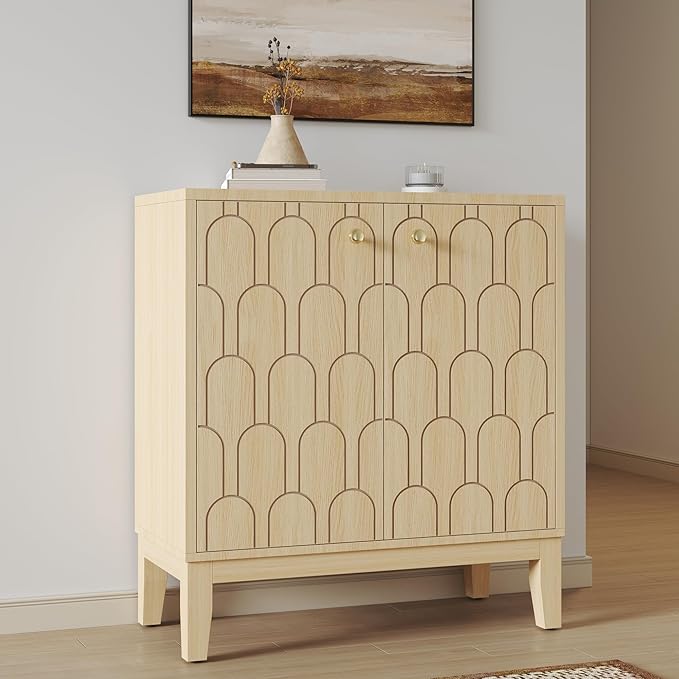 Farmhouse Storage Cabinet, Modern Buffet Sideboard with Doors, Fish Scale Pattern, Boho Cabinet for Dining Room, Natural, 2 Pieces-PurrikoPets