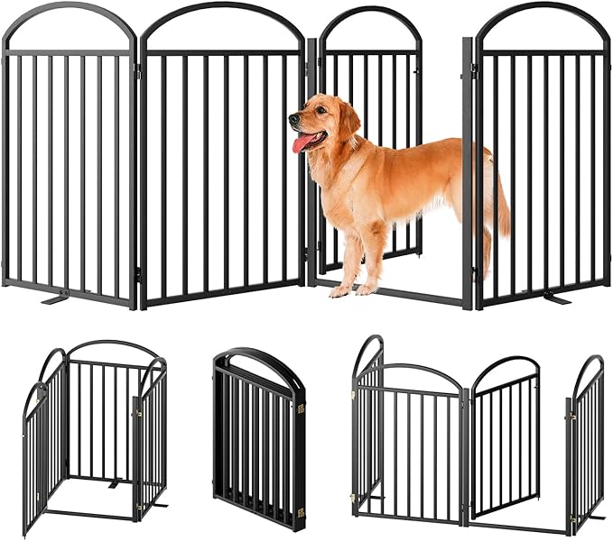 4 Panles Full Matel Freestanding Dog Gates with Door, 96"Extra Wide 32"Tall Free Standing Dog Pet Gate for Indoor & Outdoor. Foldable Pet Fences for Doorways, House, Stairs, Porch, Deck, Yard-PurrikoPets