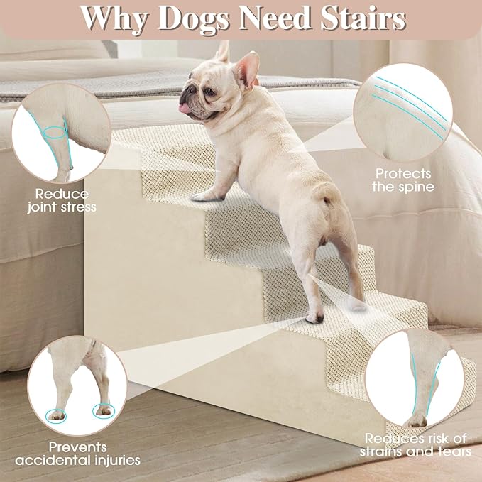 GGIB Dog Stairs for Small Dogs Pet Stairs for Sofa Couch Dog Ramp Pet Steps with Removable Washable Cover, Beige, 22" H, 5-Step-PurrikoPets