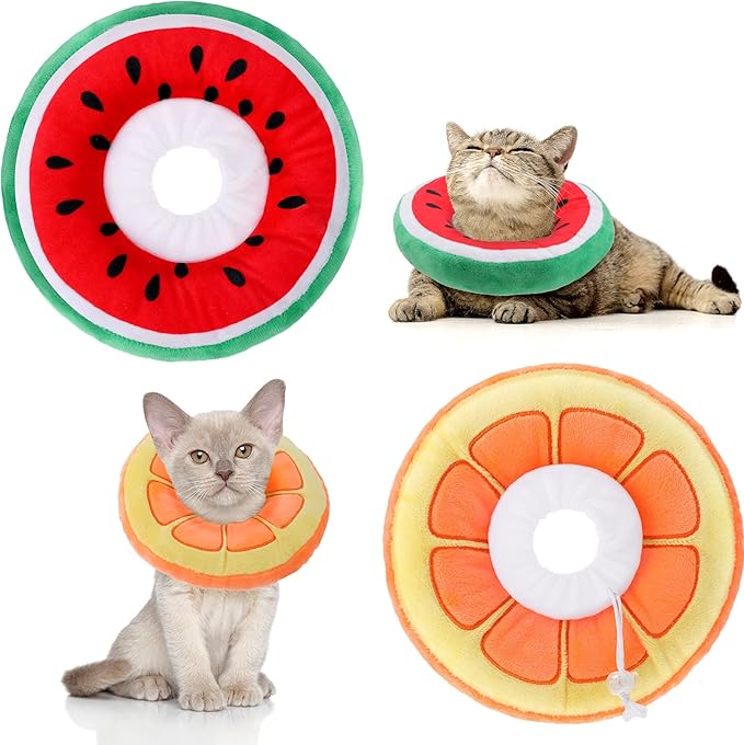 2 Pcs Adjustable Cat Cone Collar Soft Small Cute Cat Recovery Donut Collar After Surgery Orange Watermelon Elizabethan Kitten Neck Cones for Small Dogs Pet, Fruits Shaped, Under 7 lbs-PurrikoPets