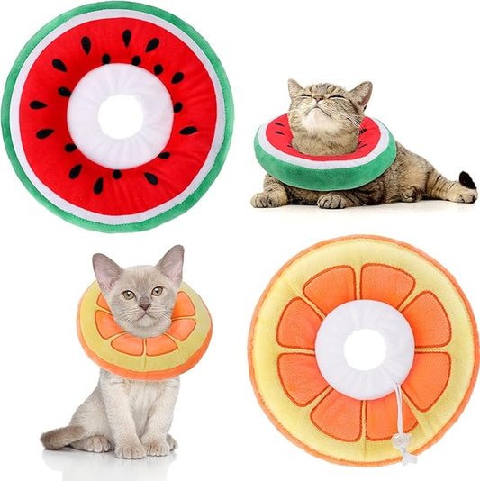 2 Pcs Adjustable Cat Cone Collar Soft Small Cute Cat Recovery Donut Collar After Surgery Orange Watermelon Elizabethan Kitten Neck Cones for Small Dogs Pet, Fruits Shaped, Under 7 lbs-PurrikoPets
