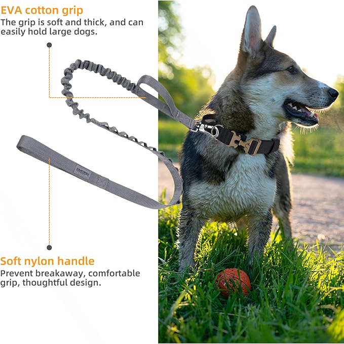 EXCELLENT ELITE SPANKER Tactical Bungee Dog Leash Military Adjustable Dog Leash Quick Release Elastic Leads Rope with 2 Control Handle（Grey-PurrikoPets