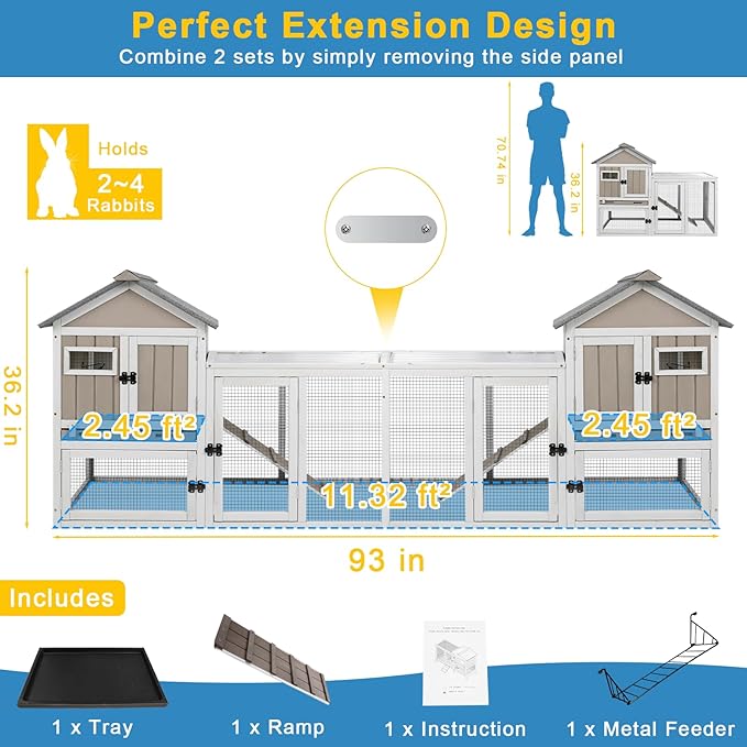 48" L Rabbit Hutch Outdoor Indoor Bunny Hutch Weatherproof, 2-Story Wood Rabbit Cage with Deep Tray, Chew-Resistant Ramp, UV Roof, Bunny House for Small Animal, Expandable Guinea Pig Cage-PurrikoPets