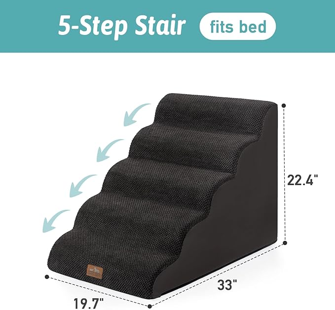 Extra Wide Dog Stairs 19.7" Width, Large Pet Step for Small Medium Dog, Puppy or Cat, Ramp for High Bed or Car, High Density Foam Ladder, Stable, 5 Step, 19.7x33x22.4 inch, Black-PurrikoPets