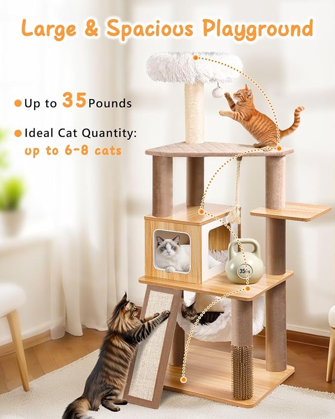 61" Wooden Cat Tree Tower for Indoor Cats, Luxury Modern Wooden Tower with XL Plush Lounge, Hammock & Scratching Posts for Maine Coon 20 lbs-PurrikoPets