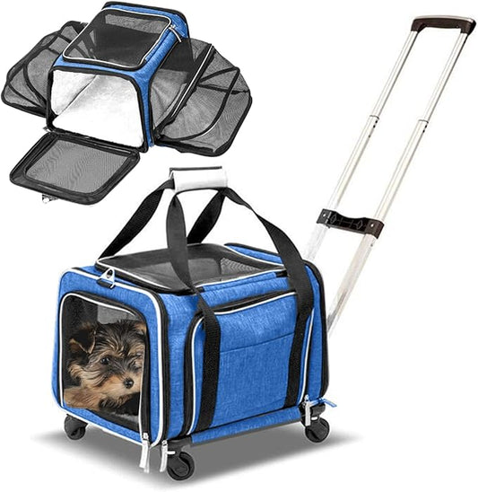 Airline Approved Expandable Premium Pet Carrier on Wheels- Two Sided Expandable Rolling Carrier- Designed for Dogs & Cats- Extra Spacious Soft Lined Carrier! (Blue)-PurrikoPets