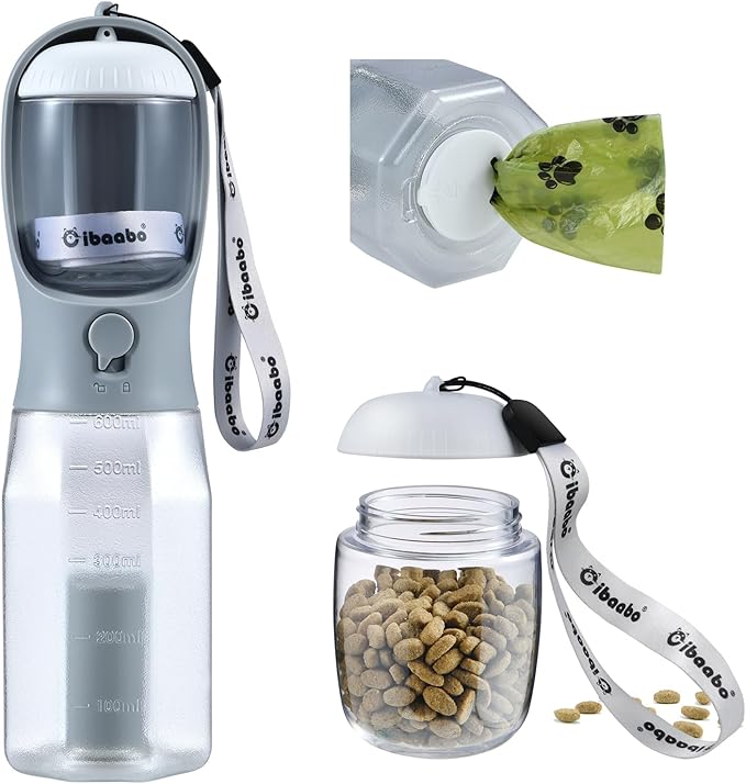 Dog Water Bottle with Food Container & Poop Bag Holder, Travel Water Bowl, Portable Pet Dispenser, Dog Stuff Accessories Items, Puppy Essentials Necessities for Yorkie Chihuahua Walking Hiking-PurrikoPets