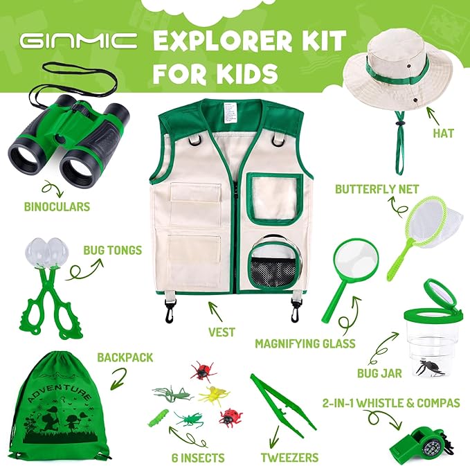 GINMIC Kids Explorer Kit & Bug Catching Kit, 16 Pcs Outdoor Exploration Safari Kit for Kids Camping with Binoculars, Adventure, Hunting, Hiking, Educational Toy Gift for 3-12 Years Old Boys Girls-PurrikoPets