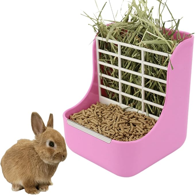 2 in 1 Food Hay Feeder for Guinea Pig, Rabbit Feeder, Indoor Hay Feeder for Guinea Pig, Rabbit, Chinchilla, Feed Bowls Use for Grass & Food (Pink)-PurrikoPets