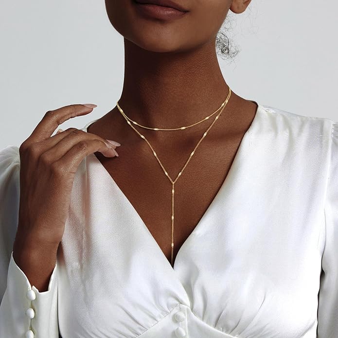 Lariat Silver/Gold Necklace for Women 925 Silver/14K Gold Plated Dainty Long Necklace Y-Shaped Drop Pendant Necklaces Choker Trendy Chain Simple Layered Necklaces CZ Jewelry for Women Set Gift