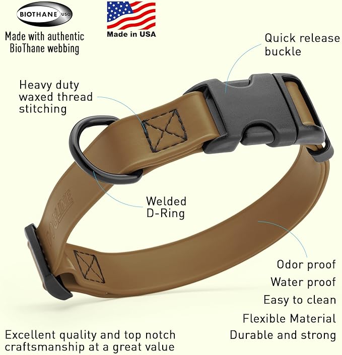 Dogline Biothane Waterproof Dog Collar with Quick Release Buckle Strong Coated Nylon Webbing with Odor- Proof for Easy Care Easy to Clean Fits Small Medium Large Dogs, Coyote Brown 1" W 15-25" L-PurrikoPets