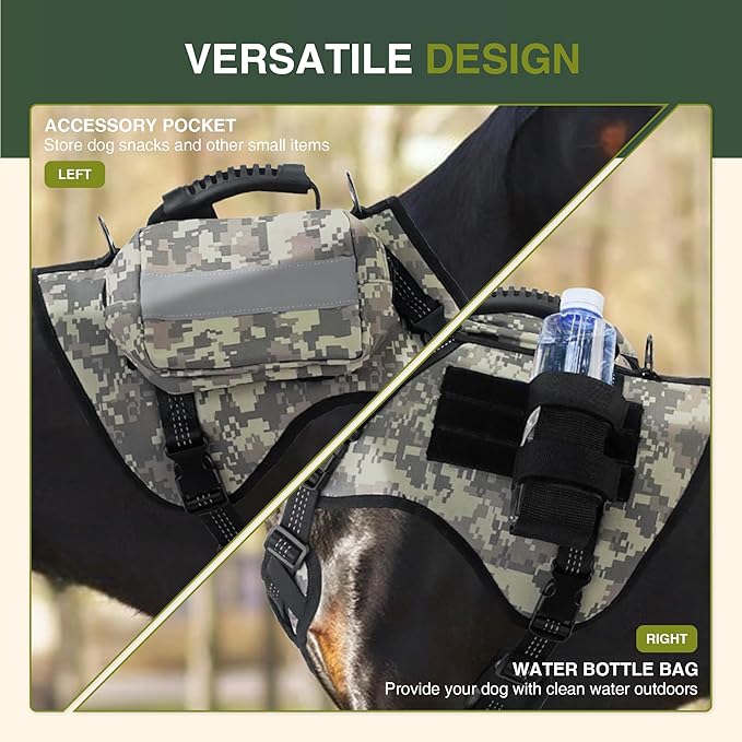 Dog Tactical Harness with Reflective Design, Breathable and Adjustable Tactical Dog Vest, No Choke Harness, Military Grade Gear for Training, Hunting, Outdoor Adventures, Camouflage S-PurrikoPets