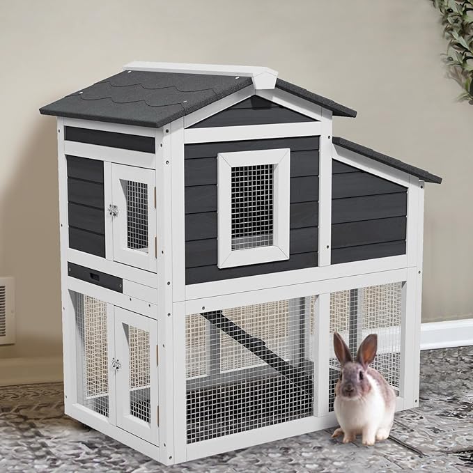 2 Story Rabbit Cage, Weatherproof Rabbit Hutch Indoor & Outdoor, Wooden Guinea Pig Cages with Removable Tray Openable Roof for Small to Medium Animals-PurrikoPets