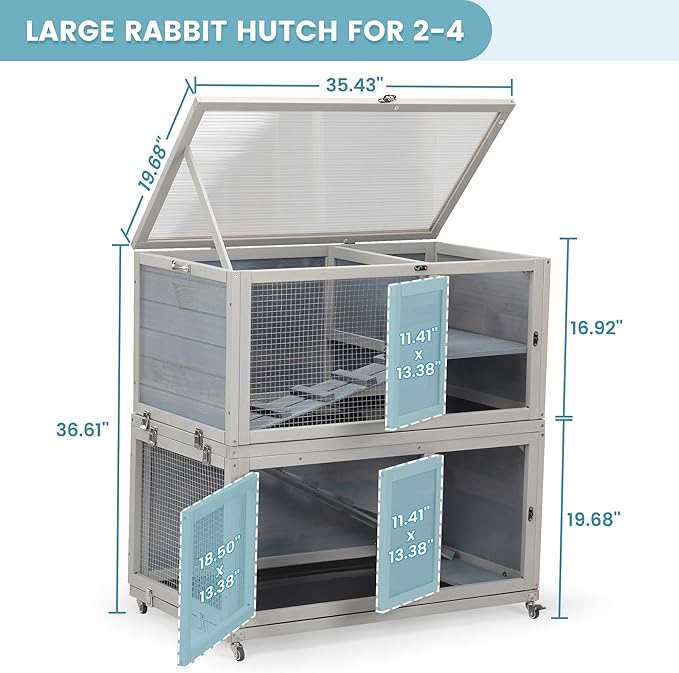 2-Story Wooden Rabbit Hutch for Outdoor & Indoor, Bunny Cage Rabbit House with Wheels, Trays, Ramp, Pet Home for Guinea Pigs, Chickens, Chicken Coop, Gray with Colorful Patterns-PurrikoPets