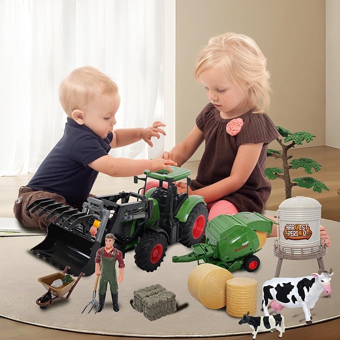 Farm Tractor Toys Set Bale Haying Round Baler with Barn Farmer,Cow,Farm Tools,Tree Farm Tractor Pla yset for Kids Toddler Boys Girls Ages 3-7 Years-PurrikoPets