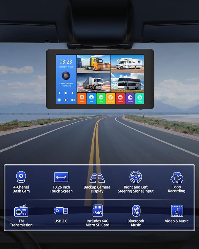 4 Channel 1080p HD Backup Camera System with 10.2" Touchscreen Monitor, DVR Recording/Playback, Bluetooth, FM Radio & Media Player for Trucks, Semis, RVs, Trailers, Vans, SUVs, Cars-PurrikoPets