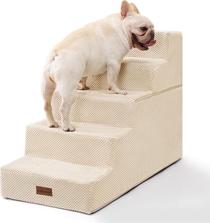 Dog Stairs for High Bed 22.6" H,5-Step Dog Steps for Small Dogs and Cats,Indoor Non-Slip Balanced Pet Stairs are Suitable for Puppy,Older Cat,Beige-PurrikoPets