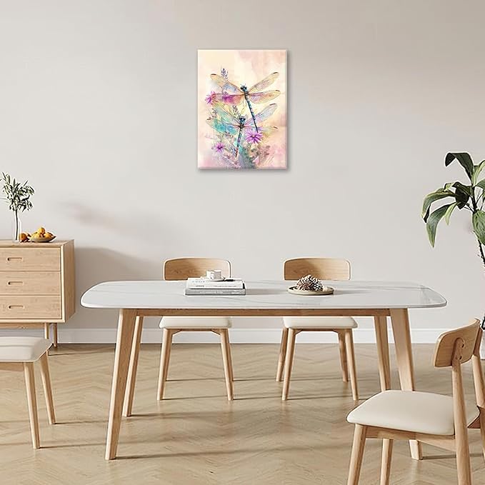Dragonfly Bathroom Pictures Wall Art, Floral Bathroom Wall Decor, Framed Painting Canvas Artwork for Bedroom Living Room Decorations 20"L x 16"W-PurrikoPets
