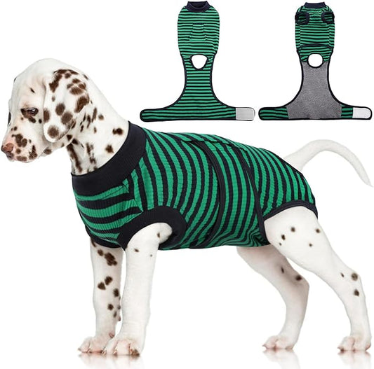 FUAMEY Recovery Suit for Dogs After Surgery,Soft Breathable Dog Bodysuit E-Collar & Cone Alternative Surgical Suit,Male Female Dog Neuter Spay Suits Anti Licking Wounds Onesie Green Black Stripes XS-PurrikoPets