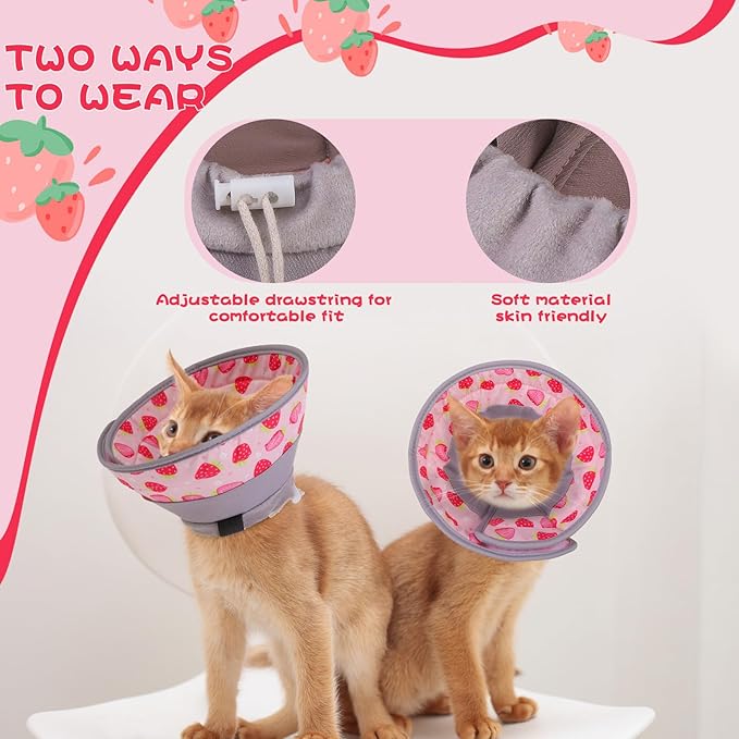 EXPAWLORER Cat Recovery Cone Collar- Soft Adjustable Pet Collar for After Surgery, Waterproof Elizabethan Protective Collar, Stop Licking Donut for Small Medium Kittens (Strawberries M (8.5-12 in))-PurrikoPets