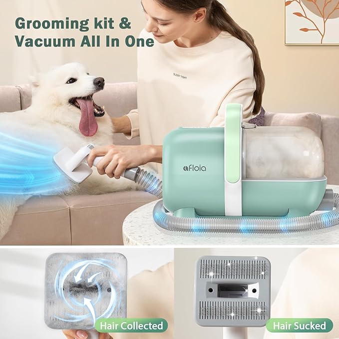 Afloia 6-in-1 Dog Grooming Kit, Pet Grooming Vacuum for Shedding, Dog Hair Vacuum with Clipper Nail Trimmer Grinder, Pet Brush Groomer at Home, Low Noise Cats Hair Remover, 1.5L Dust Cup, Green-PurrikoPets