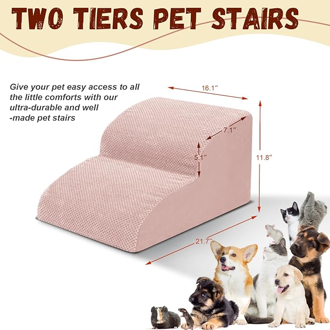 Dog Stairs for Small Dogs - High Density Foam Pet Steps, Extra Wide Dog Ramp with Non-Slip Bottom for High Beds, Couch and Sofa, Best for Dogs Injured, Older Doggy Cats, 2 Steps, Pink-PurrikoPets
