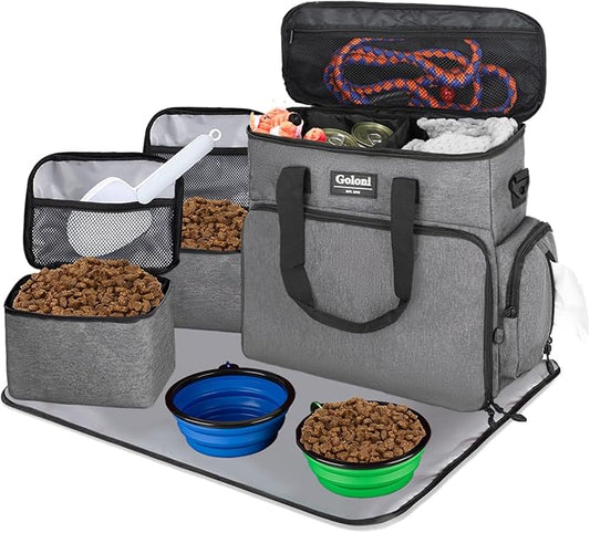 Dog Travel Bag Airline Approved–Pet Travel Tote with Collapsible Bowls,Food Containers & Feeding Mat–Multi-Pocket Organizer for Dogs & Cats, Durable & Water-Resistant for Hiking,Trips,Outdoors-PurrikoPets