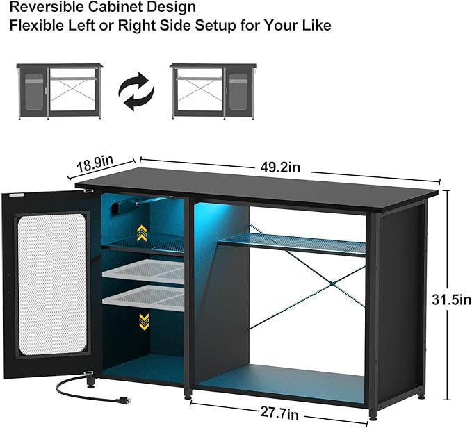55-75 Gallon Fish Tank Stand with Power Outlets & LED Light, Reversible Heavy Duty Metal Aquarium Stand with Cabinet for Fish Tank Accessories Storage, Turtle/Reptile Terrariums, Black-PurrikoPets