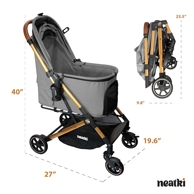 Foldable Pet Stroller for Dogs and Cats, 33 lbs Capacity, 360° Swivel Front Wheels, One-Click Fold, Brake System, Leash & Lock Clips, Removable Washable Padding, and Cup Holder (Gray, 33 lbs)-PurrikoPets