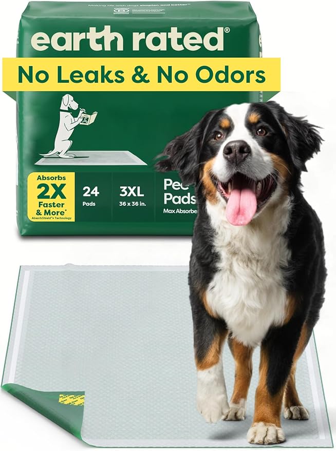Earth Rated Max Absorbency Puppy Pee Pads for Dogs Absorbs 2X Faster & 2X More, Leak-Proof Odor-Free Potty Training Wee Wee Pad, Unscented, 3XL, 36” x 36”, 24 Count-PurrikoPets
