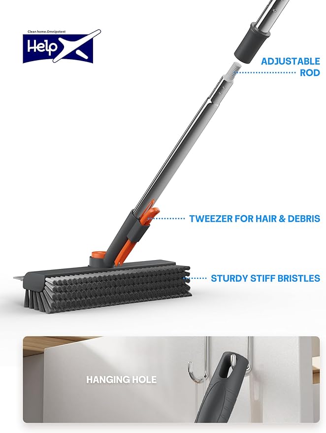 Floor Scrub Brush with Long Handle, 3 in 1 Multi-angle Swivel Right Angled Bristle Floor Scrubber Brush with Squeegee and Tweezer for Cleaning Tile Wall Deck Bathroom Patio Garage Kitchen (Grey)-PurrikoPets