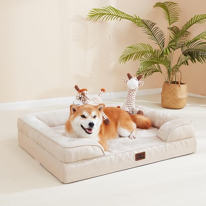EHEYCIGA Orthopedic Dog Beds for Extra Large Dogs, Waterproof Memory Foam XXL Dog Bed with Sides, Non-Slip Bottom and Egg-Crate Foam Big Pet Couch Bed with Washable Removable Cover, Beige-PurrikoPets