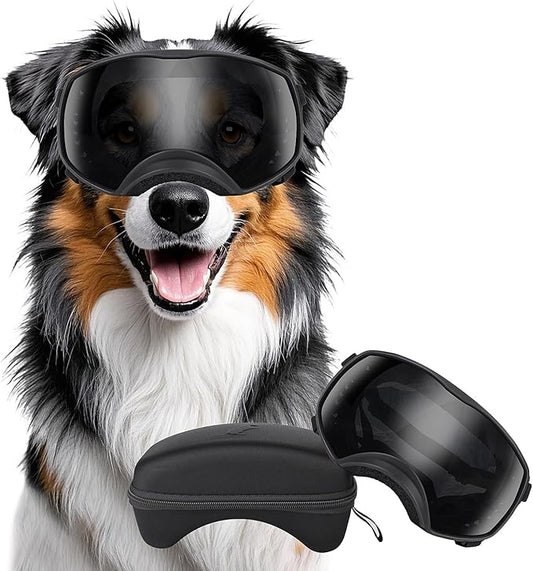 Dog Sunglasses UV Protection Clear Dog Goggles Windproof Glasses with Elastic Straps for Medium-Large Breed, Black Frame + Black Lens-PurrikoPets