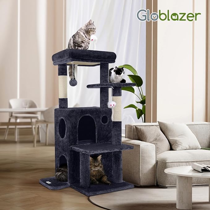 Globlazer Cat Tree Tower for Indoor Cats, 50-inch Adult Cat Tree House for Large Adult Cats with Steps, Scratching Post, 2 Cat Caves, Dangling Toys, FC50, Dark Grey-PurrikoPets