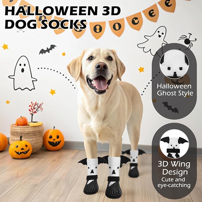 EXPAWLORER Halloween Anti Slip Dog Socks to Prevent Licking Paws, Boots & Paw Protectors with Grippers,Doggie Booties for Hardwood Floors for Small Medium Large Senior Dogs Costume White Ghost Wings M-PurrikoPets