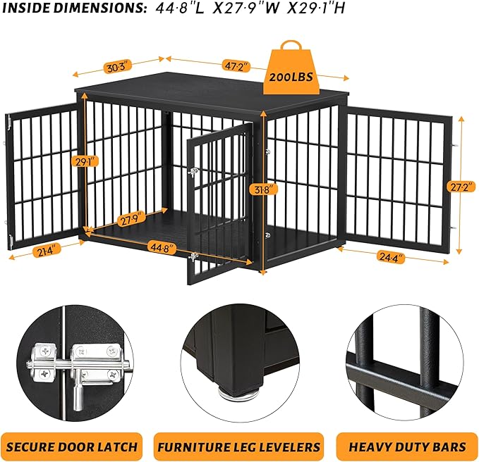 48 Inch Heavy Duty Dog Crate Furniture for Large Dogs, Decorative Pet House End Table, Extra Large Wooden Cage Kennel Furniture Indoor, Black-PurrikoPets