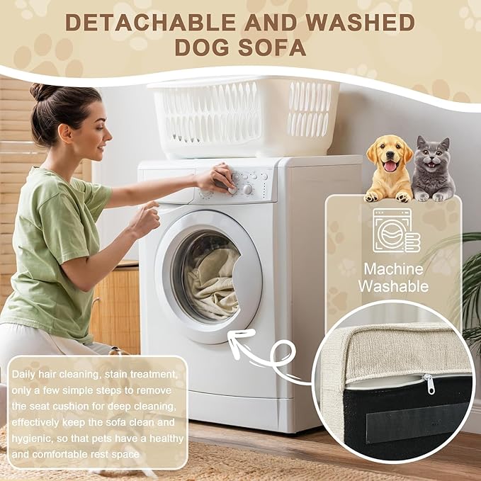 Dog Sofa Couch for Medium to Large Dogs, 31" Memory Foam Dog Couch with Washable Fabric, Removable Cushion, Sofa Bed for Medium and Large Dogs, Beige-PurrikoPets