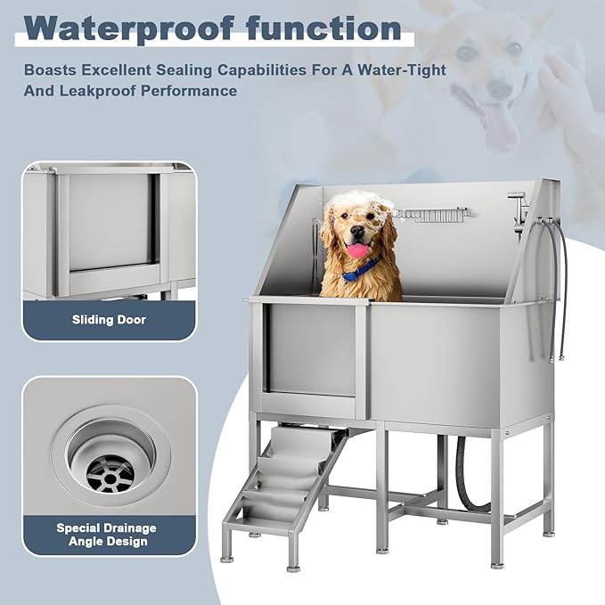 50" Dog Bathtub for Large Dogs, Professional Dog Washing Station with Wash Tub Attachment, Bath Pool for Outdoor, Indoor Shower and Grooming (50" Left Door)-PurrikoPets